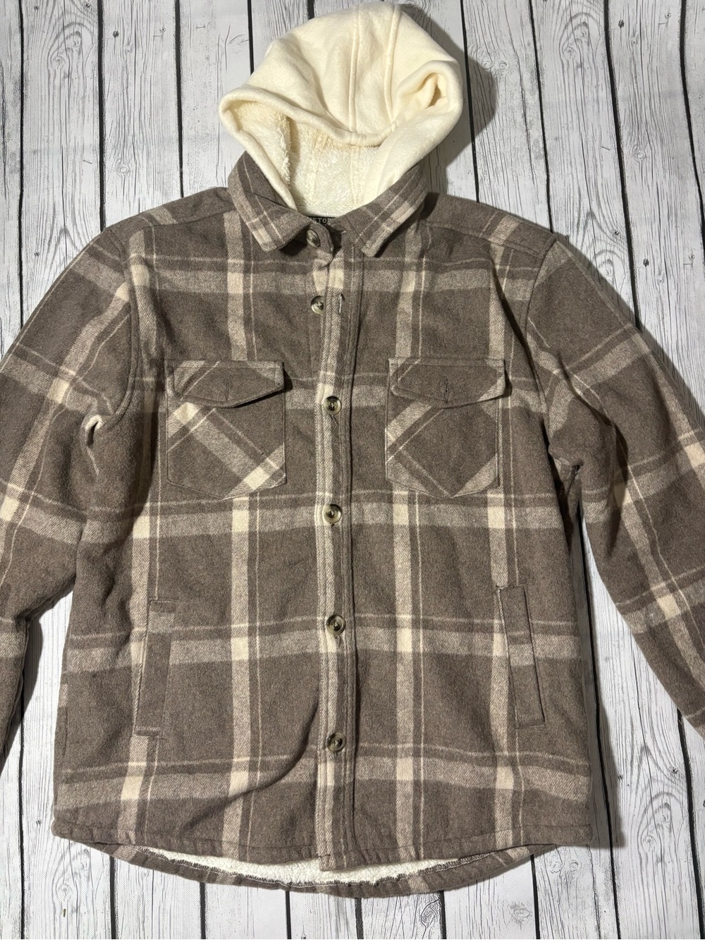 Distortion Mens Plaid Flannel Sherpa Lined Hoodie Jacket Shacket brown Cream L